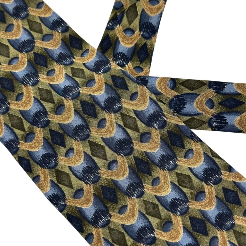 Henry Grethel Mens Silk Tie Green Blue Gold Geometric Italian Fabric Made in USA